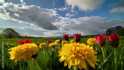 Timelapse of Spring Meadow Coming to Life: Dandelions Blooming in a Wave