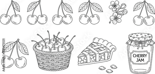Hand drawn cherry illustrations collection with fruits, blossoms, basket, pie and jam jar, sweet dessert ingredients, vintage sketch style vector isolated