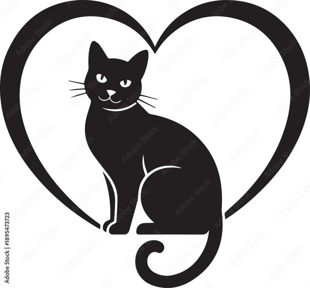 Fototapeta premium Black cat sits inside a large heart shape illustration