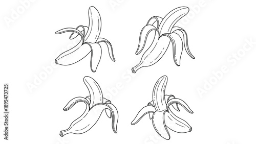 Hand drawn banana peel illustration set featuring peeled tropical fruit sketches in clean minimalist line art style for food, nutrition, and design concepts