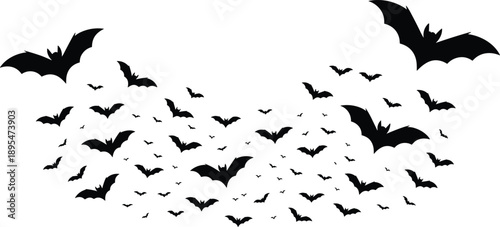 Flying bat silhouettes, Halloween theme, spooky night, black bats swarm, gothic illustration, eerie motion, nocturnal wildlife, horror concept, white background, chaos