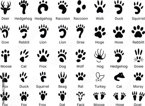 PrintAnimal track silhouettes, paw print icons, wildlife footprints, nature trail marks, vector graphic set, identification chart, educational design, biodiversity symbols