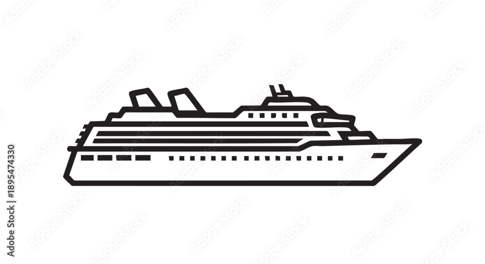 Fototapeta premium A large cruise ship sailing through the ocean, viewed from the side with multiple decks and funnels.