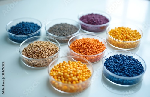 Colorful seeds in petri dishes on white lab table. Different crops analyzed for agriculture research, development. Seeds treated with pesticides for crop protection, yield improvement. Science,