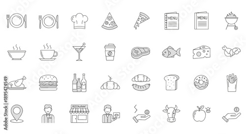 Food & Drink Line Icons Set – Minimal Restaurant, Cafe, and Kitchen Symbols Collection