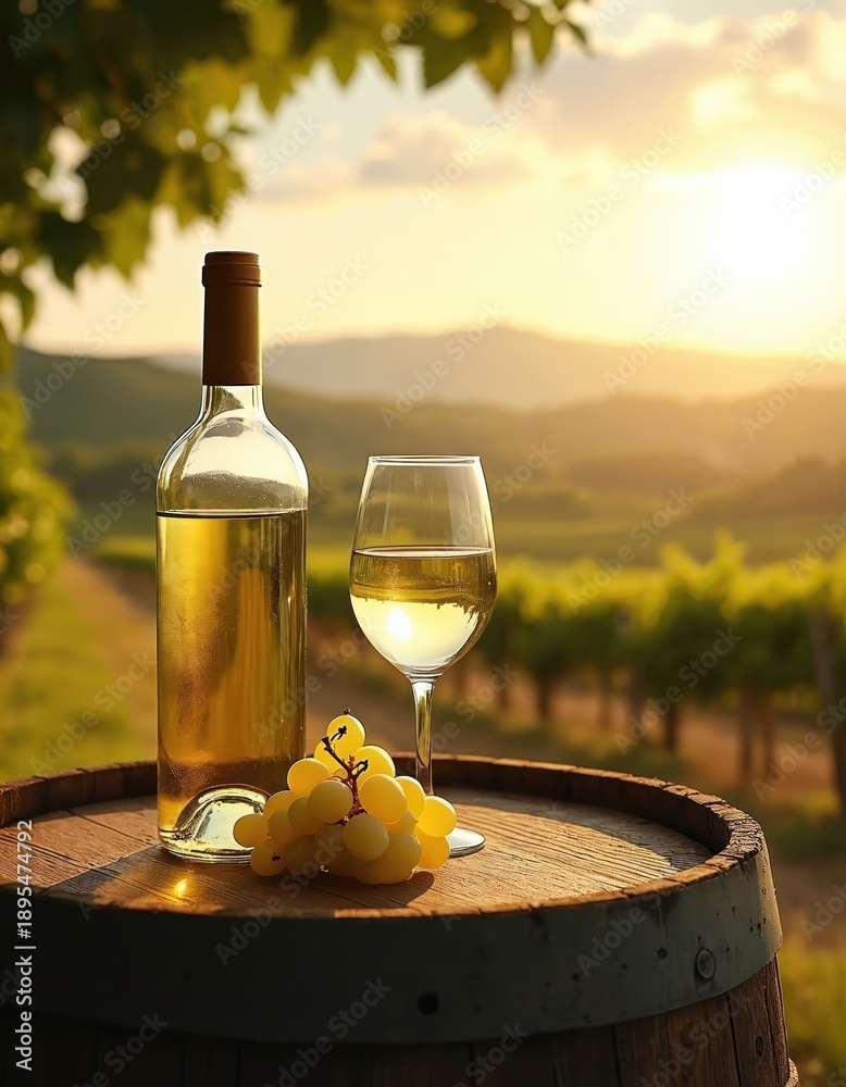 Fototapeta premium White wine bottle glass and grapes sit on wooden barrel. Vineyard landscape at sunset. Golden hour light bathes scene. Rural winery setting offers relaxation and enjoyment.