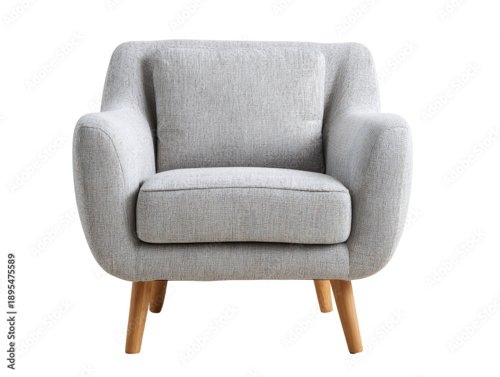Fototapeta premium A cozy armchair with a light gray fabric and wooden legs. It has a single pillow on the back. Isolated Transparent Background, PNG