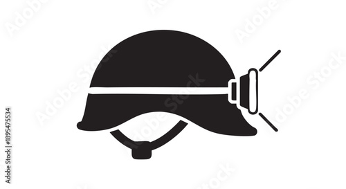 Simple black and white illustration of a helmet viewed from the front with a headlamp attached