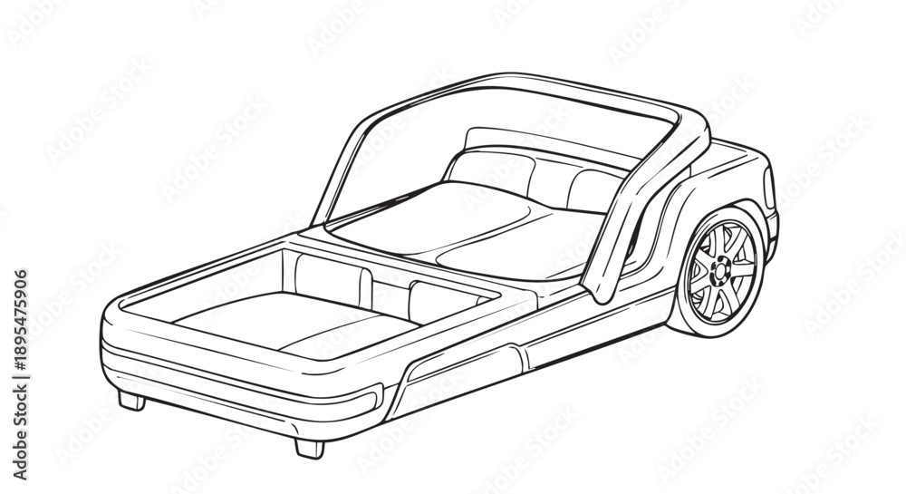 Obraz premium A detailed line drawing of a convertible car with its top down, showcasing the interior and exterior design from a three-quarter view