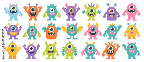 Collection of colorful cartoon monsters featuring one-eyed happy creatures, playful vector illustrations perfect for children’s books, stickers, greeting cards, educational projects, party invitations