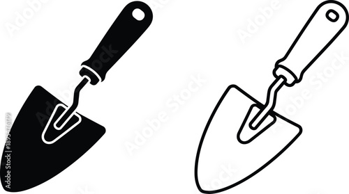 Garden trowel icon set with solid and outline versions featuring pointed blades and hanging-hole handles.