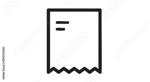 Simple black and white illustration of a receipt icon on a clean background viewed from the front