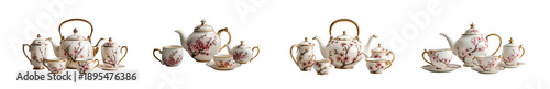 Elegant Cherry Blossom Tea Set with Gold Trim, Fine Porcelain isolated on transparent background