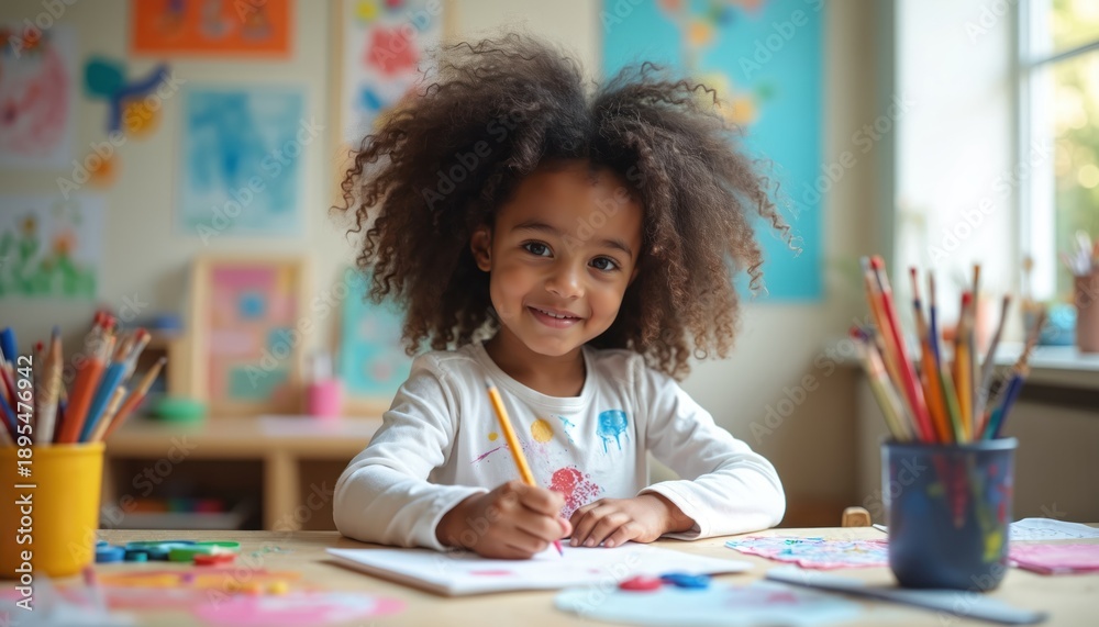 custom made wallpaper toronto digitalCute Black girl draws with pencil on paper at table. Child with curly hair creates art in classroom. Colorful pencils and paints ready for young artist.