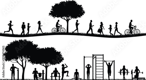 People outdoor activity silhouette scene, black flat vector illustration of jogging, walking, cycling and exercising in park with trees for fitness and lifestyle design