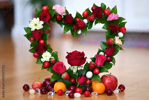 Heart-shaped floral arrangement with fruits