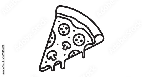 A delicious slice of pizza with melted cheese and toppings viewed from the side in a simple illustration