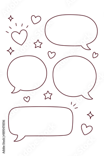 Vertical coloring page with four blank comic speech bubbles. Creative line art with hearts and stars for writing personalized positive messages for World Compliment Day.