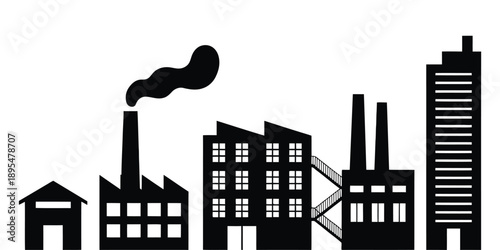 Factory and city skyline with industrial power plant silhouette icon vector