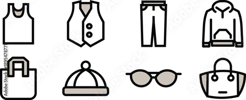 Pants, hoodie, vest, bag, eyeglass Icon Set Vector Symbols for Mobile and Web Apps