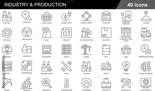 Heavy Industry and Production Toolkit 40 Minimalist Line Icons for Manufacturing, Energy Infrastructure and Supply Chain Logistics
