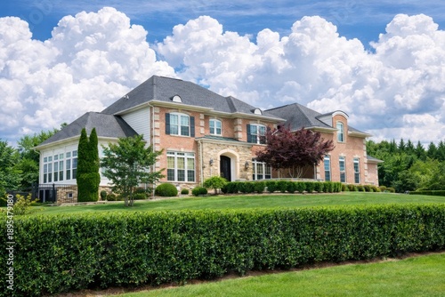 Large brick house in the suburbs with a green lawn, shrubs, and a blue sky with clouds in Virginia
