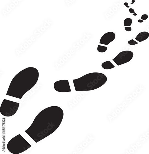 Black boot footprint trail leading away across transparent background for detective design