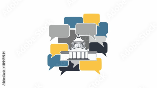 Government Building Icon with Speech Bubbles.