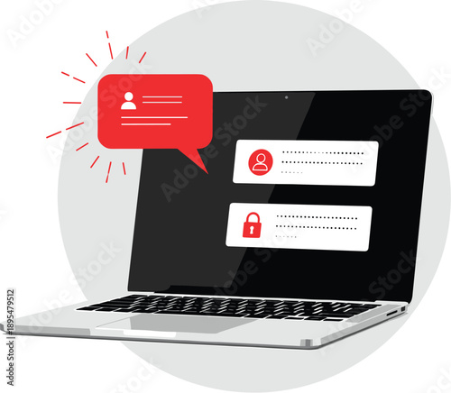 User authentication and secure login illustration showing laptop interface with profile notification, password protection, account verification, and cybersecurity access control concept