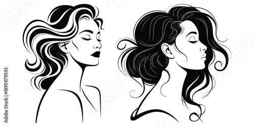Vector illustration of two beautiful women with long flowing hair in elegant silhouette style