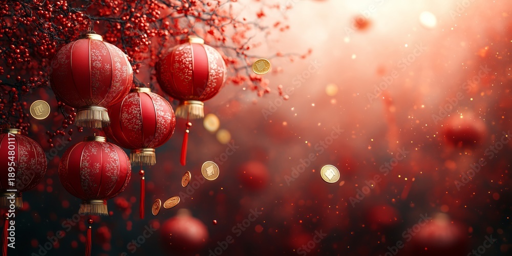 Obraz premium Chinese New Year background with traditional lanterns and sparkling bokeh, ideal for corporate greetings, events, and branding.