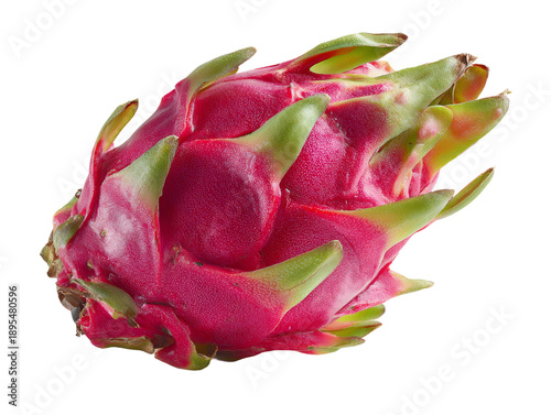 A vibrant dragon fruit with pink skin and green leaves, a tropical delight Isolated Transparent Background, PNG