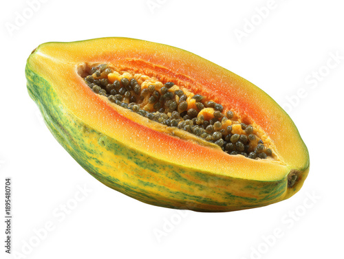 A close-up shot of a papaya half, showcasing its vibrant colors and textures Isolated Transparent Background, PNG