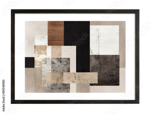 An artistic abstract framed art piece with textured block panels and neutral colors. Isolated Transparent Background, PNG