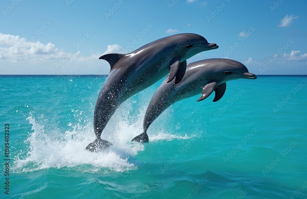 Naklejka premium Two dolphins leap from turquoise ocean water with splashing waves. Aquatic mammals play joyfully under a clear blue sky. They swim fast, showing their sleek bodies in motion.