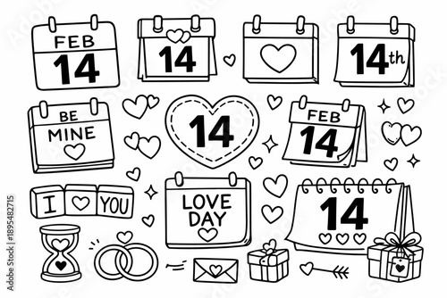Valentine's day linear icon set. featuring calendar, heart, february 14, love, card, gift, and rings symbols