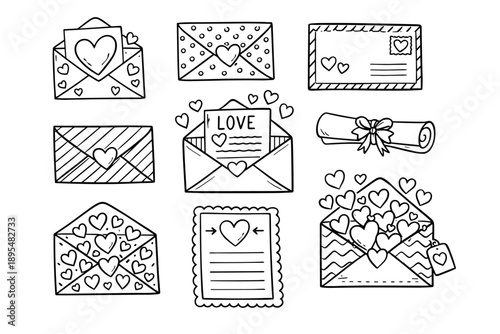 Love letters linear icon set. featuring envelopes, letters, hearts, scroll, and love symbols
