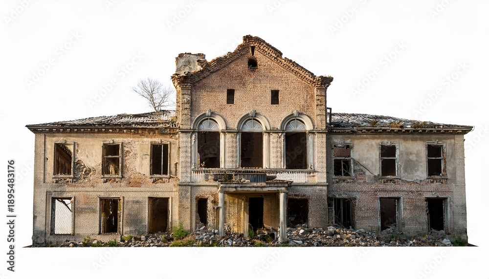 Obraz premium abandoned ruined building isolated on white background symbolizing decay history and urban texture
