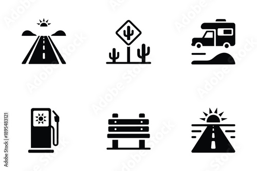 Road Trip Icons: Desert Road, Cactus, RV, Gas Station, Bench
