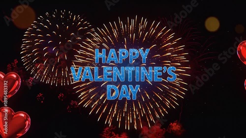 Happy Valentine’s Day Fireworks Burst with Bold Text, Romantic Love Night Celebration Animation Video