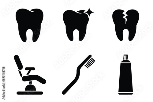 Dental Care Icons: Tooth, Healthy, Broken, Chair, Brush, Paste