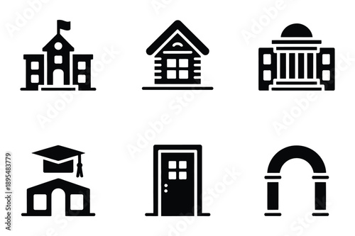Building and Education Icons: School, House, University, Arch