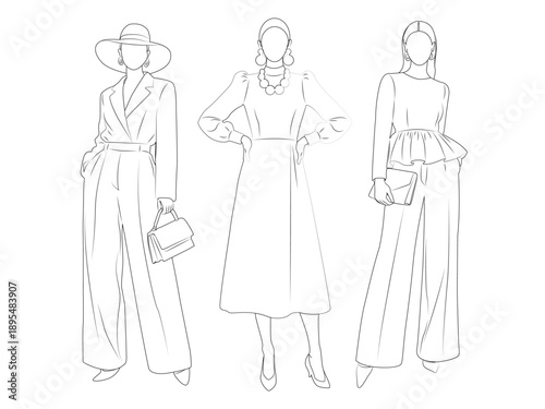 Elegant Women Fashion Line Art Illustration in Black and White Style.