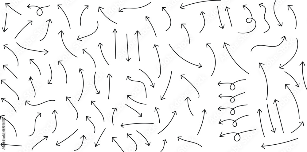 Fototapeta premium A complex pattern of arrows on a white background featuring a dense arrangement of black arrows pointing in various directions