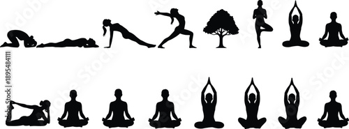 Set of black yoga silhouette vector illustrations featuring various meditation poses and stretching exercises for wellness and mindfulness design projects