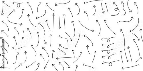 A complex pattern of arrows on a white background featuring a dense arrangement of black arrows pointing in various directions