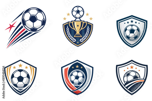soccer football logo and shield icon set with ball, trophy and dynamic motion elements isolated on white