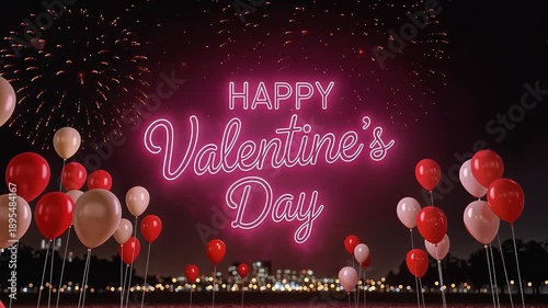 Neon Pink Happy Valentine’s Day Text with Floating Hearts, Romantic Love Night Animation Background