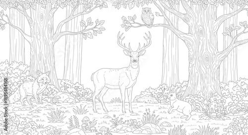 Illustration of a graceful deer standing in a quiet forest clearing among tall trees and dappled light.