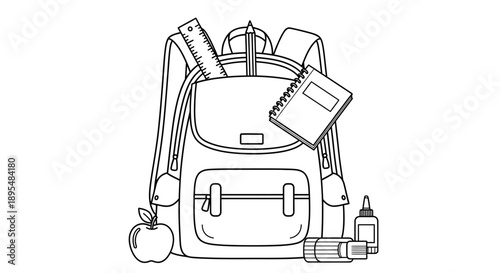 Line art illustration of a backpack filled with books and accessories for travel and study.